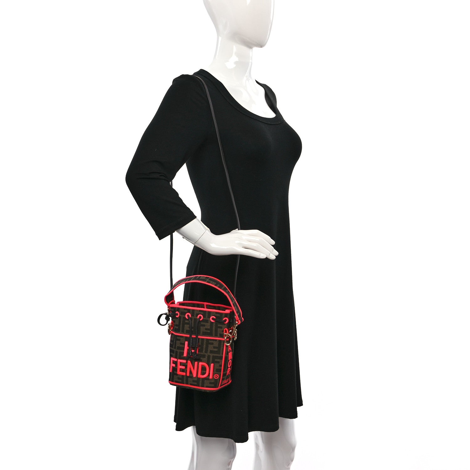 Fendi Fabric Jacquard Shiny Nappa FF 1974 Logo Threaded Edge Mini Mon Tresor Bucket Bag Tobacco Moro Fuxia Fluo 2 of 9