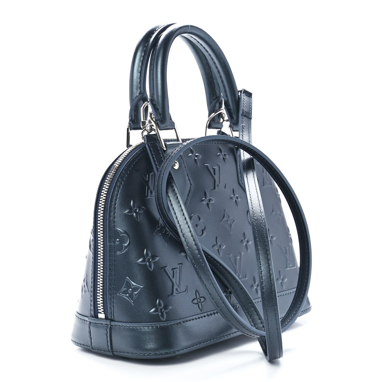 Metallic Calfskin Debossed Monogram Alma BB Steel Blue