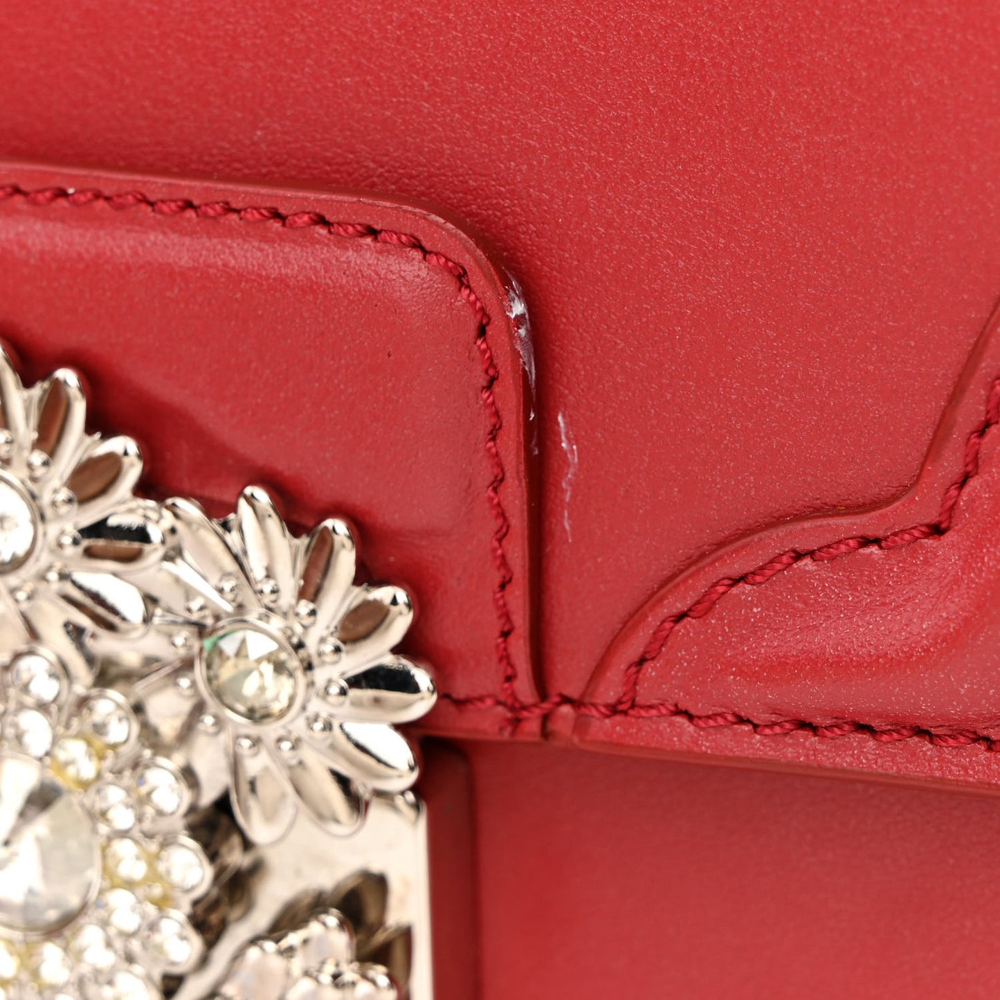 Calfskin Crystal Chain Flower Satchel Red