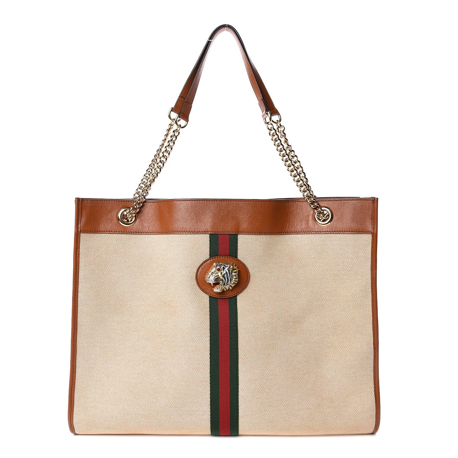 Gucci Vintage Canvas Calfskin Web Large Rajah Chain Tote Sand Light Cuir 3 of 13