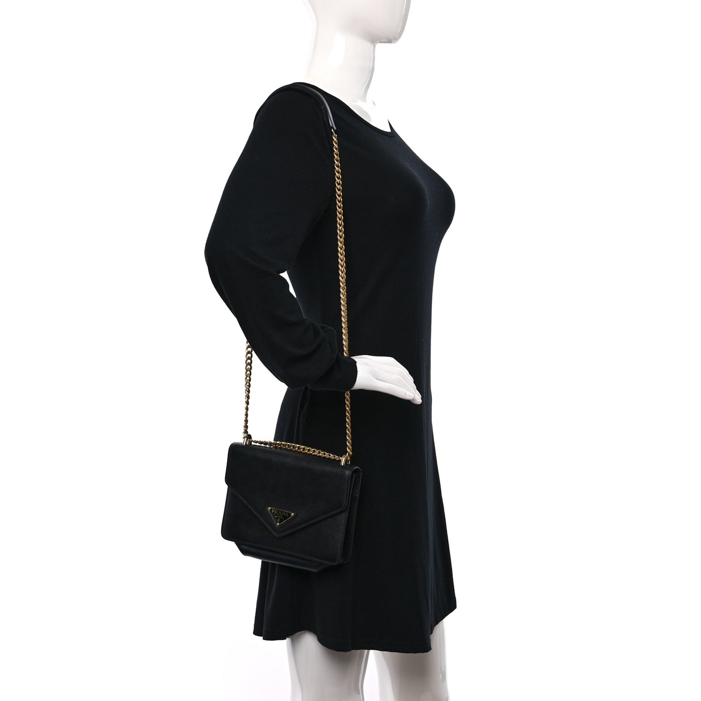 Saffiano Soft Calfskin Metal Triangle Logo Envelope Chain Shoulder Bag Black