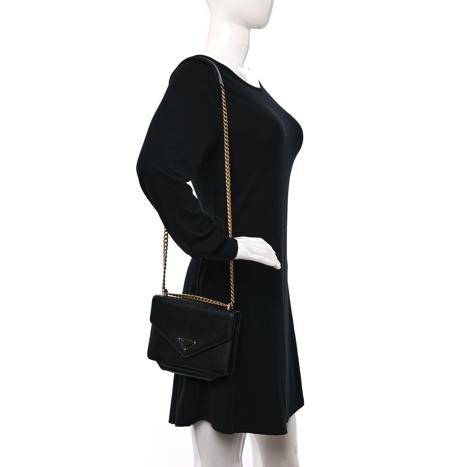 Prada Saffiano Soft Calfskin Metal Triangle Logo Envelope Chain Shoulder Bag Black 3 of 8