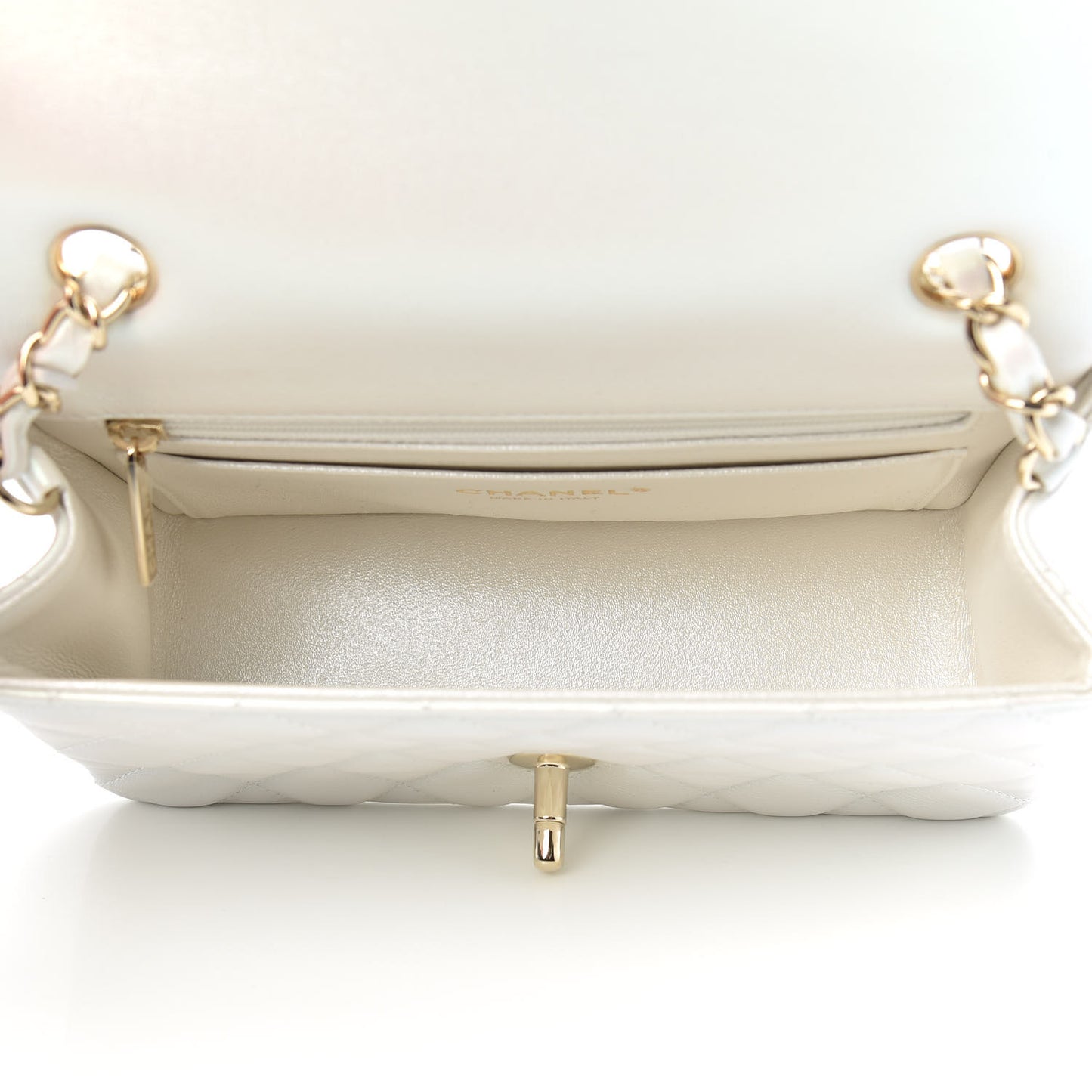 Iridescent Calfskin Quilted Mini Rectangular Flap White