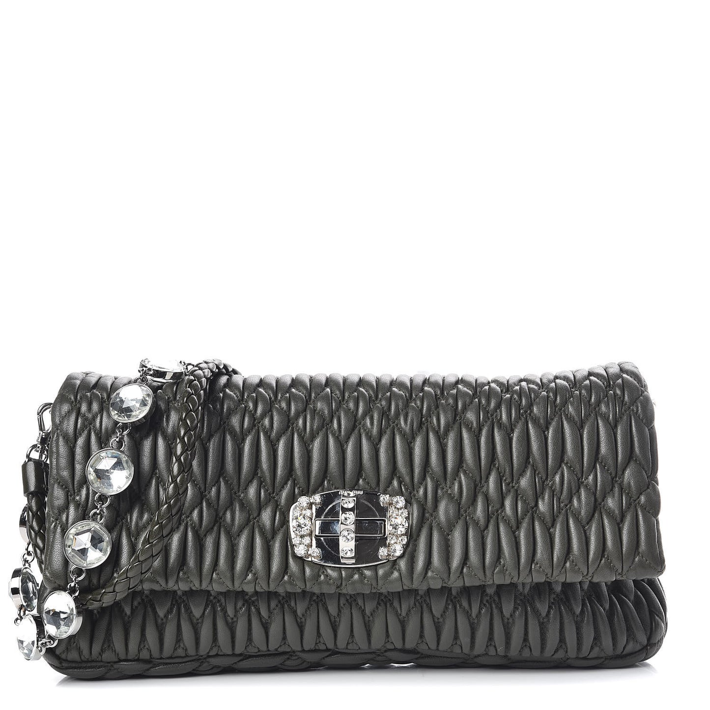 Nappa Matelasse Crystal Flap Clutch Dark Green