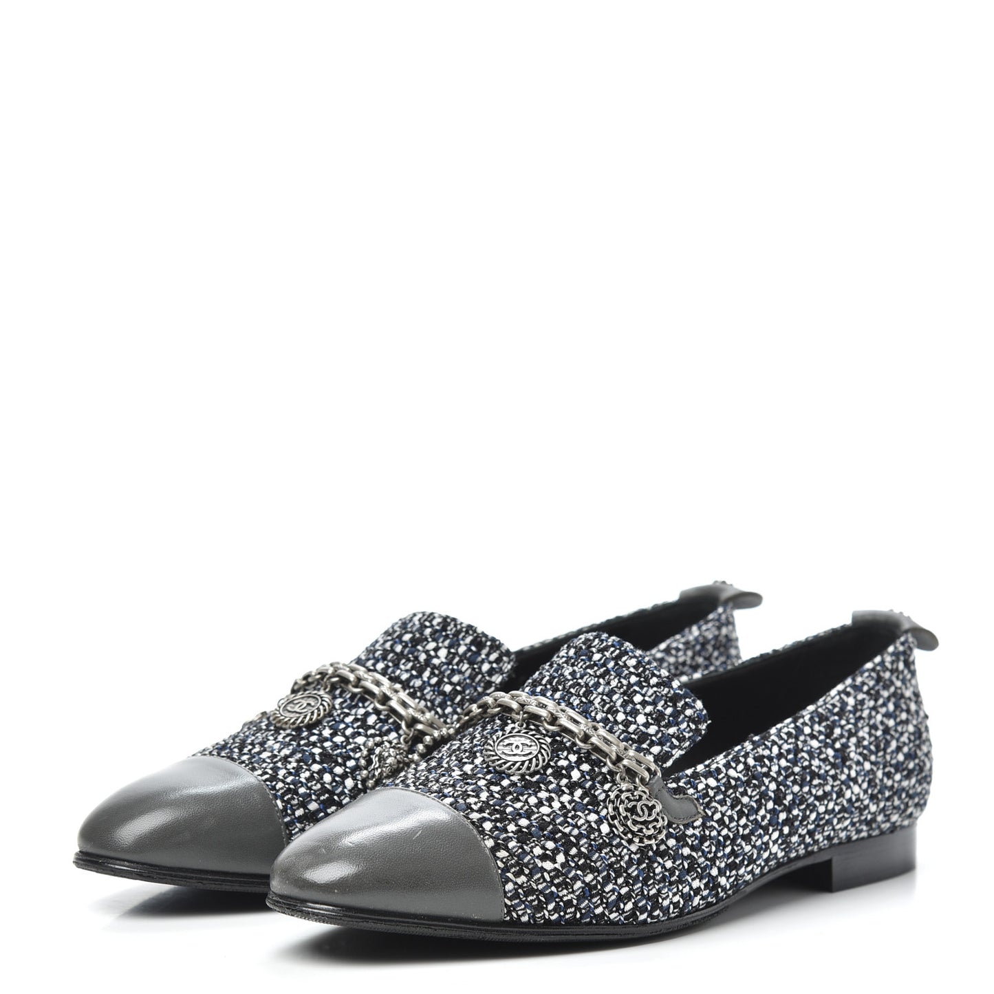 Tweed Lambskin Cap Toe Chain Moccasin Loafers 37 Dark Grey Blue White
