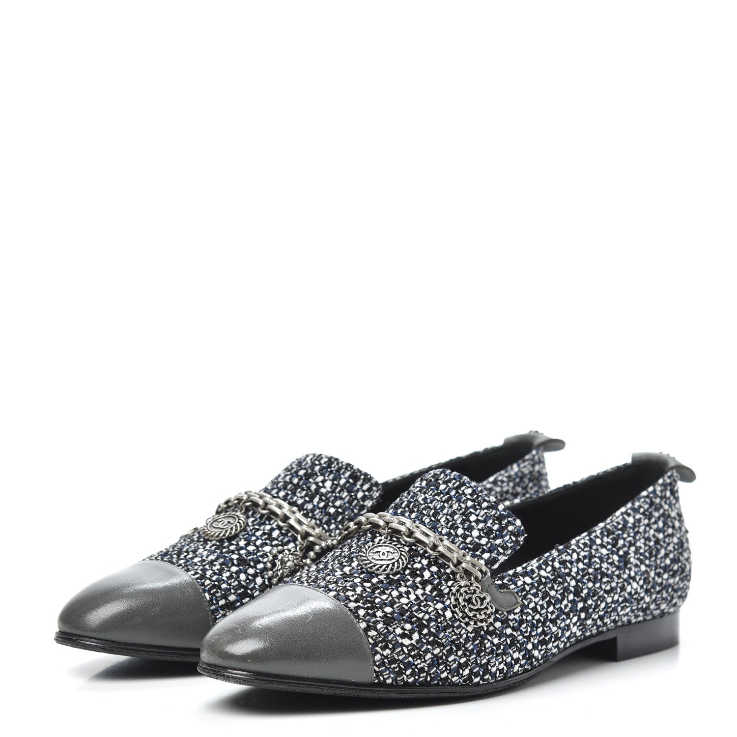 Chanel Tweed Lambskin Cap Toe Chain Moccasin Loafers 37 Dark Grey Blue White 3 of 7