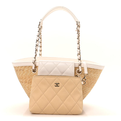 Chanel Raffia Braided Lambskin Small Shopping Tote Beige White 3 of 11