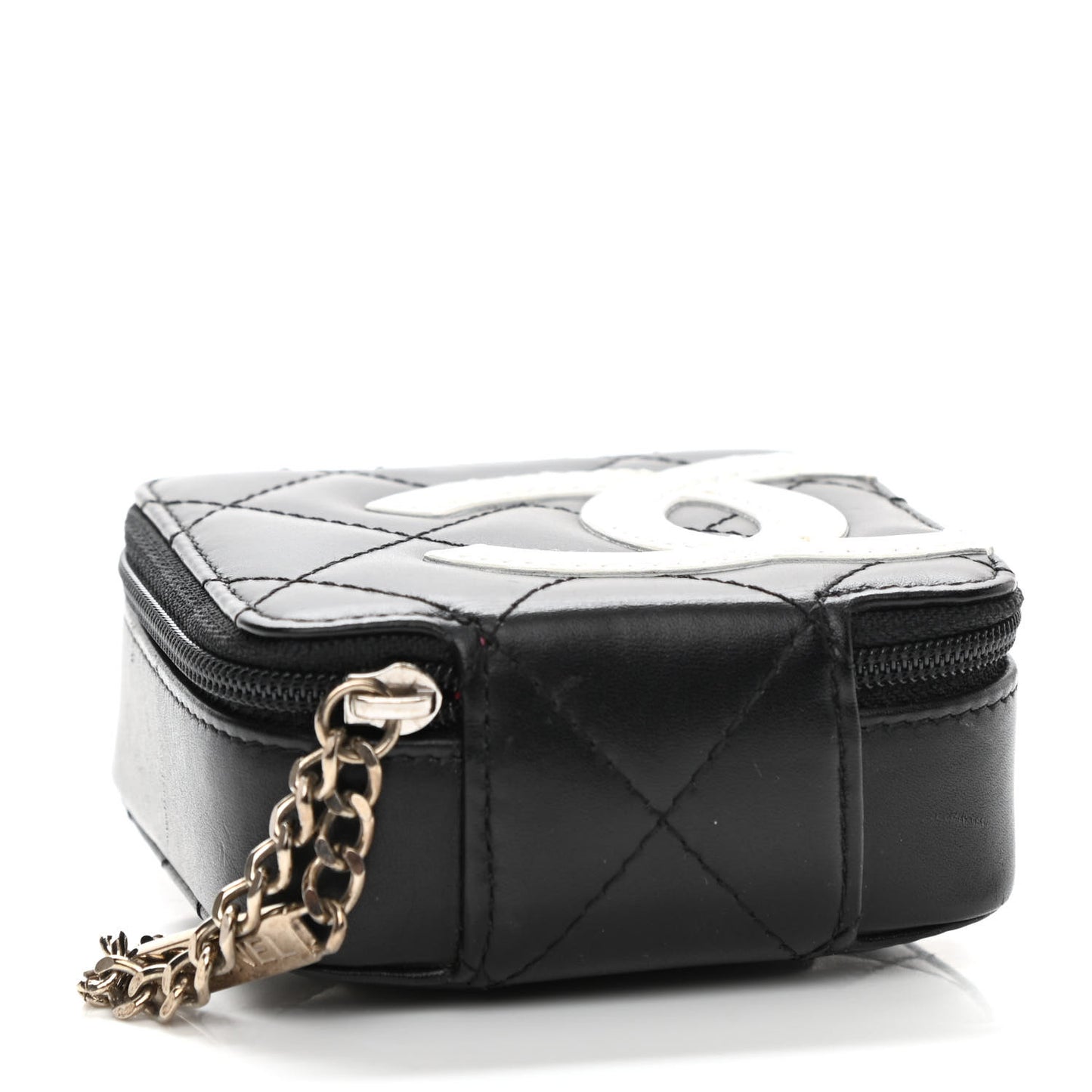 Calfskin Quilted Cambon Zip Around Makeup Pouch Black White