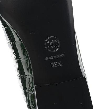Chanel Crocodile Embossed Patent Calfskin Cap Toe CC Ballerina Flats 35.5 Dark Green Black 10 of 11