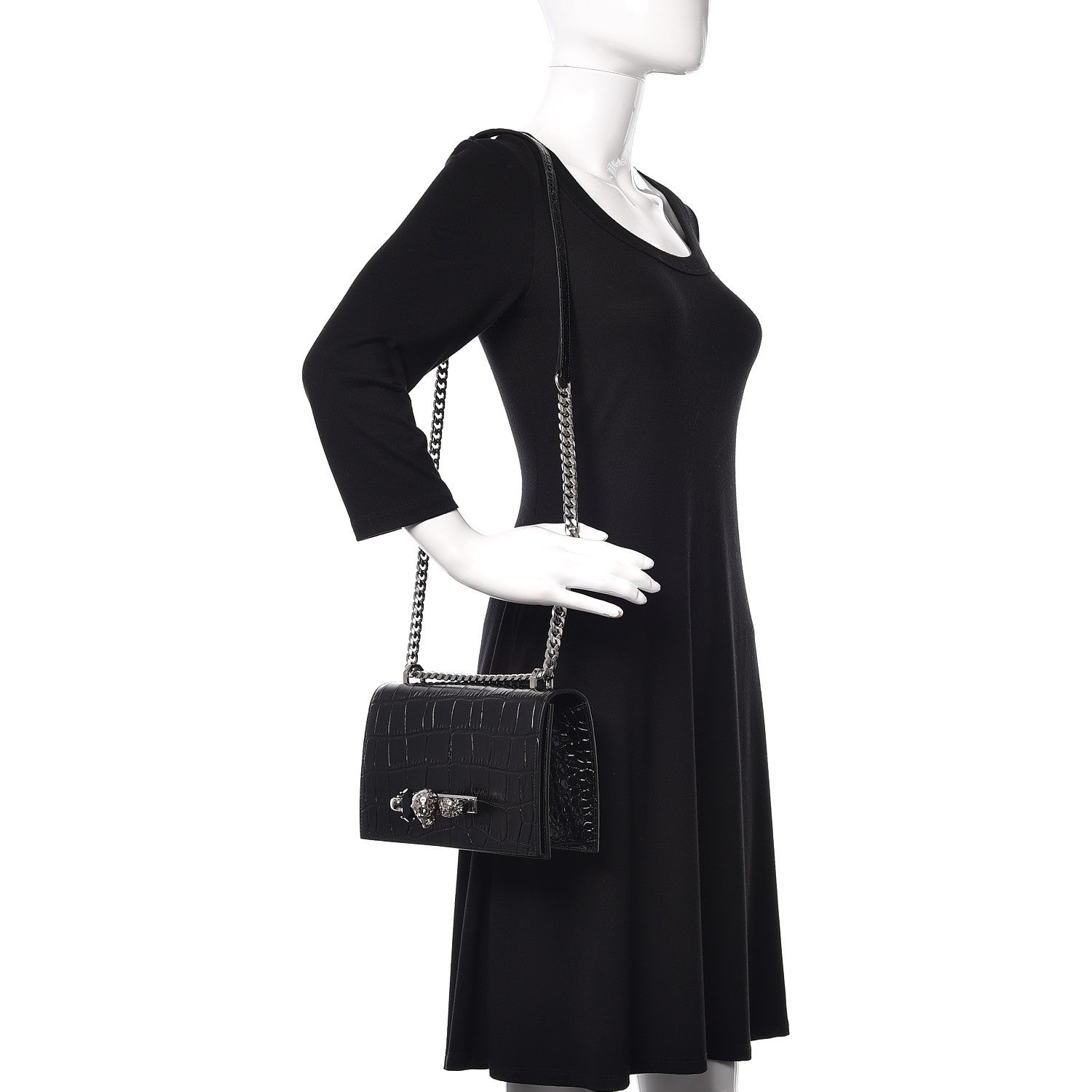 Alexander McQueen Calfskin Crocodile Embossed Knuckle Shoulder Bag Black 2 of 10