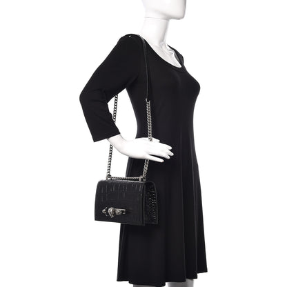 Alexander McQueen Calfskin Crocodile Embossed Knuckle Shoulder Bag Black 2 of 10