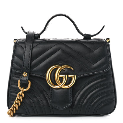 Gucci Calfskin Matelasse Mini GG Marmont Top Handle Shoulder Bag Black 1 of 15