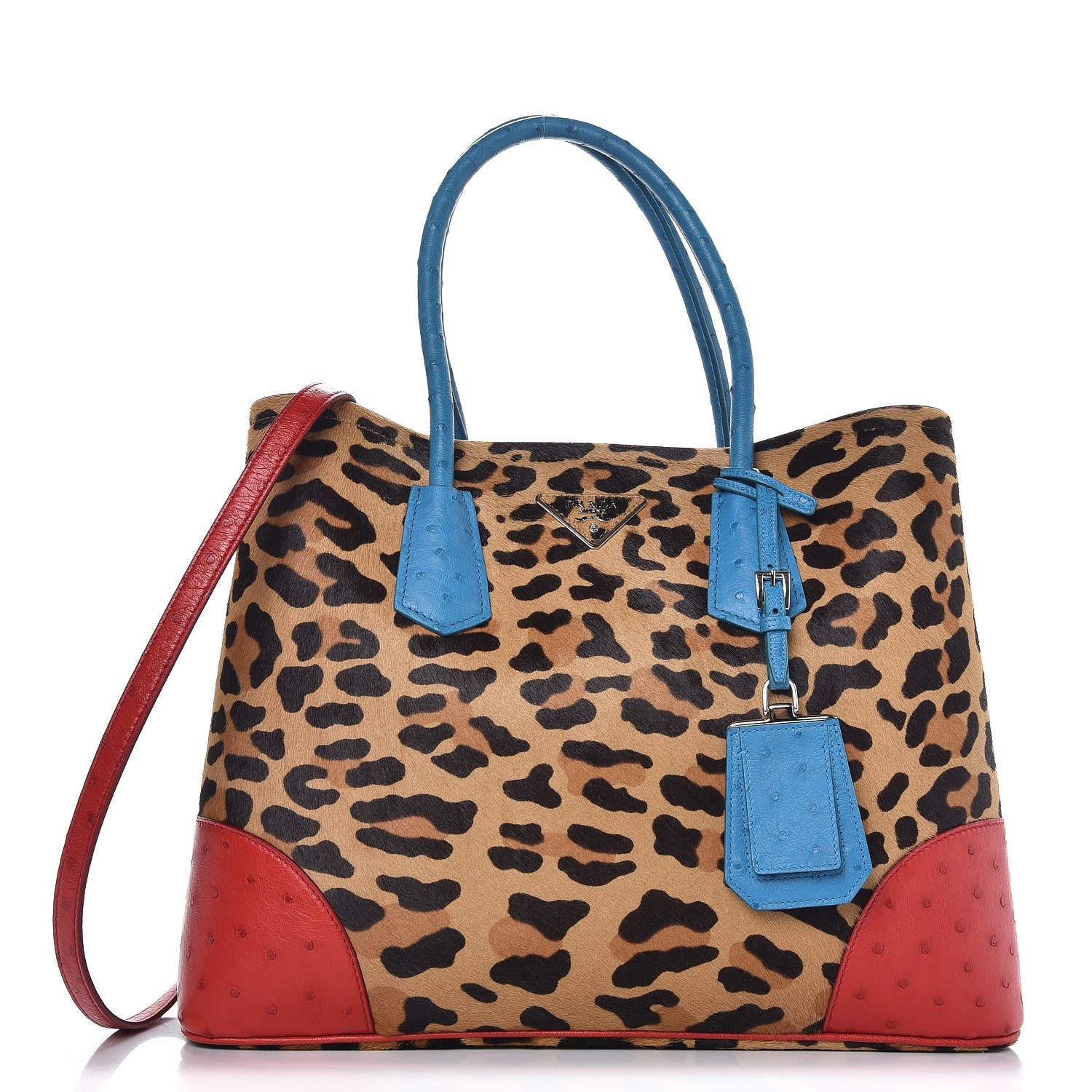 Prada Calf Hair Ostrich Leopard Print Medium Double Bag Miele Voyage 1 of 9