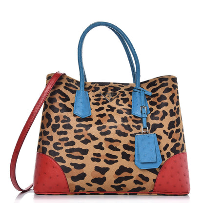 Prada Calf Hair Ostrich Leopard Print Medium Double Bag Miele Voyage 1 of 9