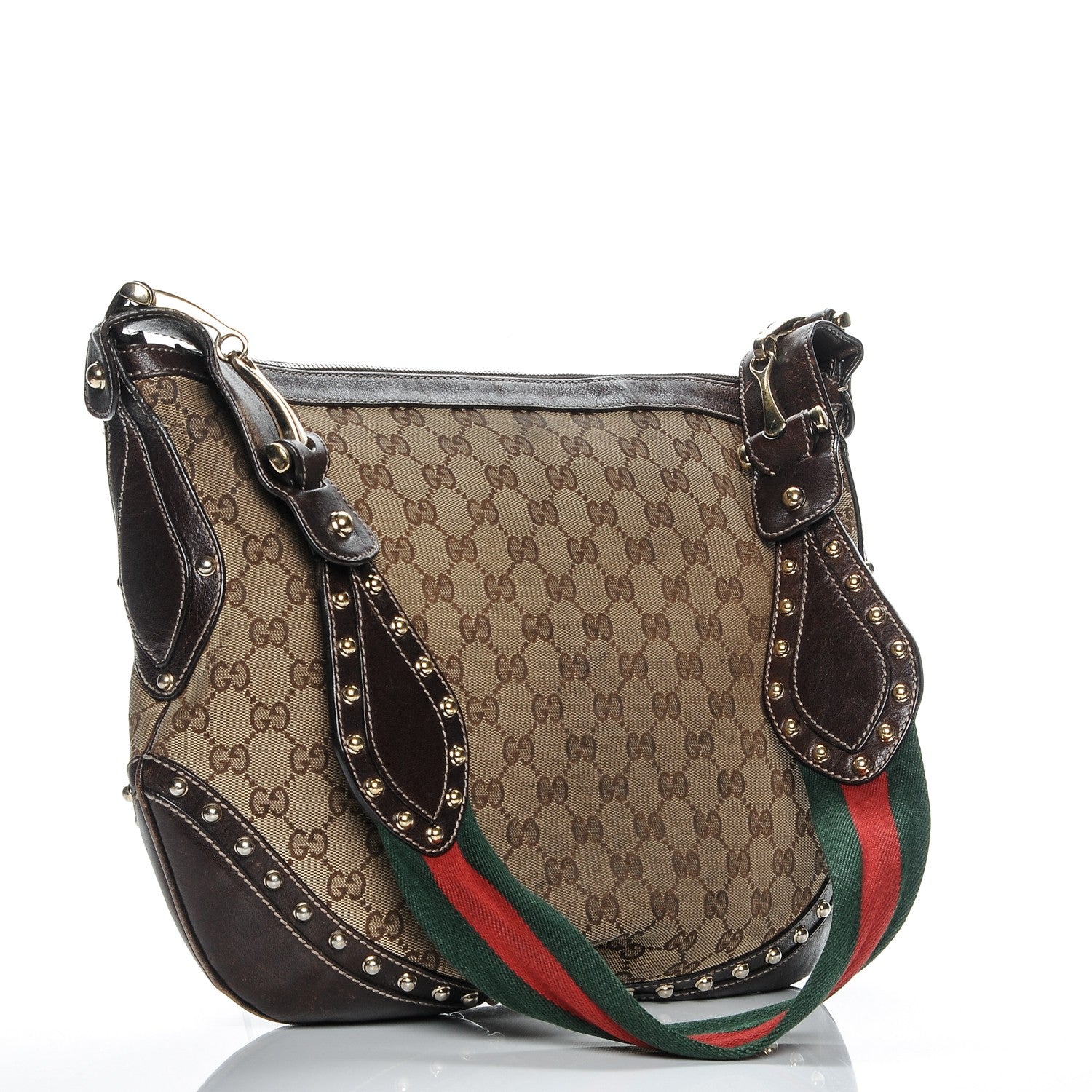 Gucci Monogram Web Studded Pelham Shoulder Bag Dark Brown 192981