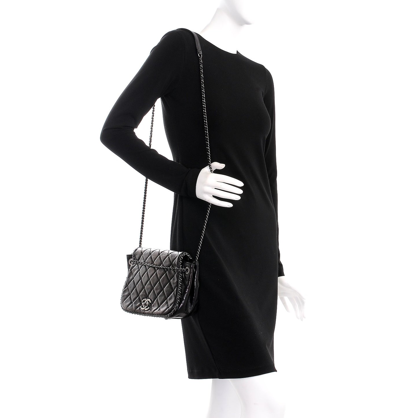 Glazed Calfskin Quilted Small CC Enchained Accordion Flap Black