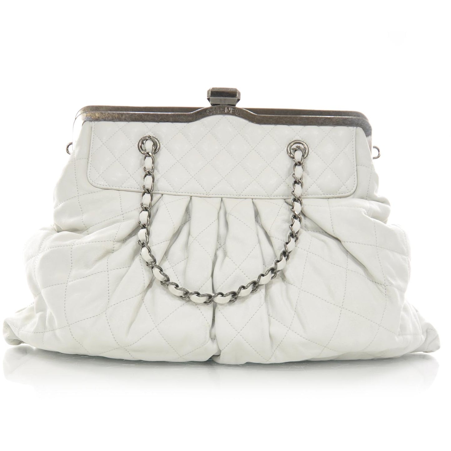 Iridescent Calfskin Chic Quilt Frame Tote White