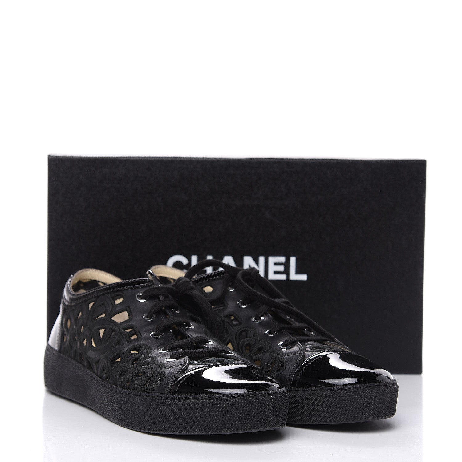 Chanel Patent Grained Goatskin Hollow Out Flower Sneakers 42 Black 7 of 7