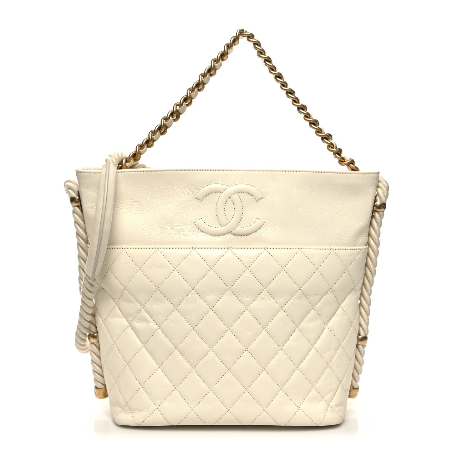 Crumpled Calfskin En Vogue Rope Hobo Bag White