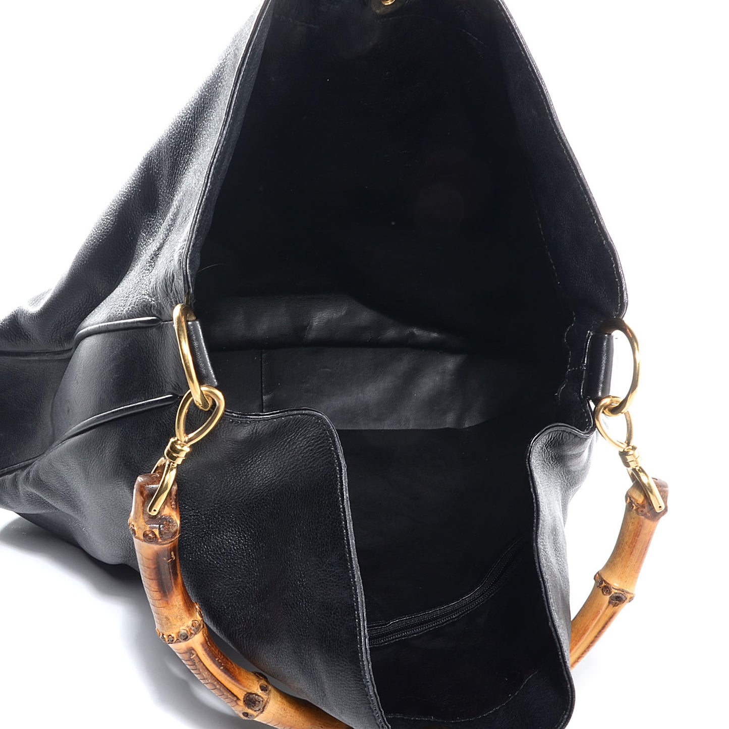 Leather Large Bamboo Handle Hobo Black