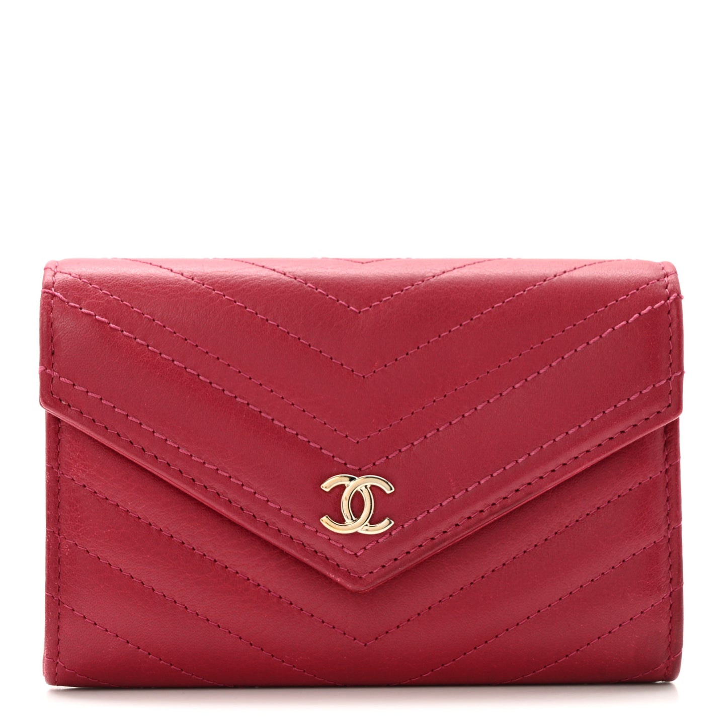 Calfskin Chevron Quilted Compact Flap Wallet Dark Pink