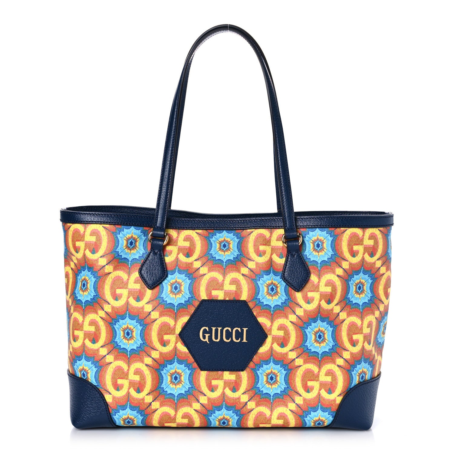 Gucci GG Supreme Kaleidoscope Calfskin Script Logo Gucci 100 Tote Bag Blue Orange Multicolor Blue Agata 1 of 8