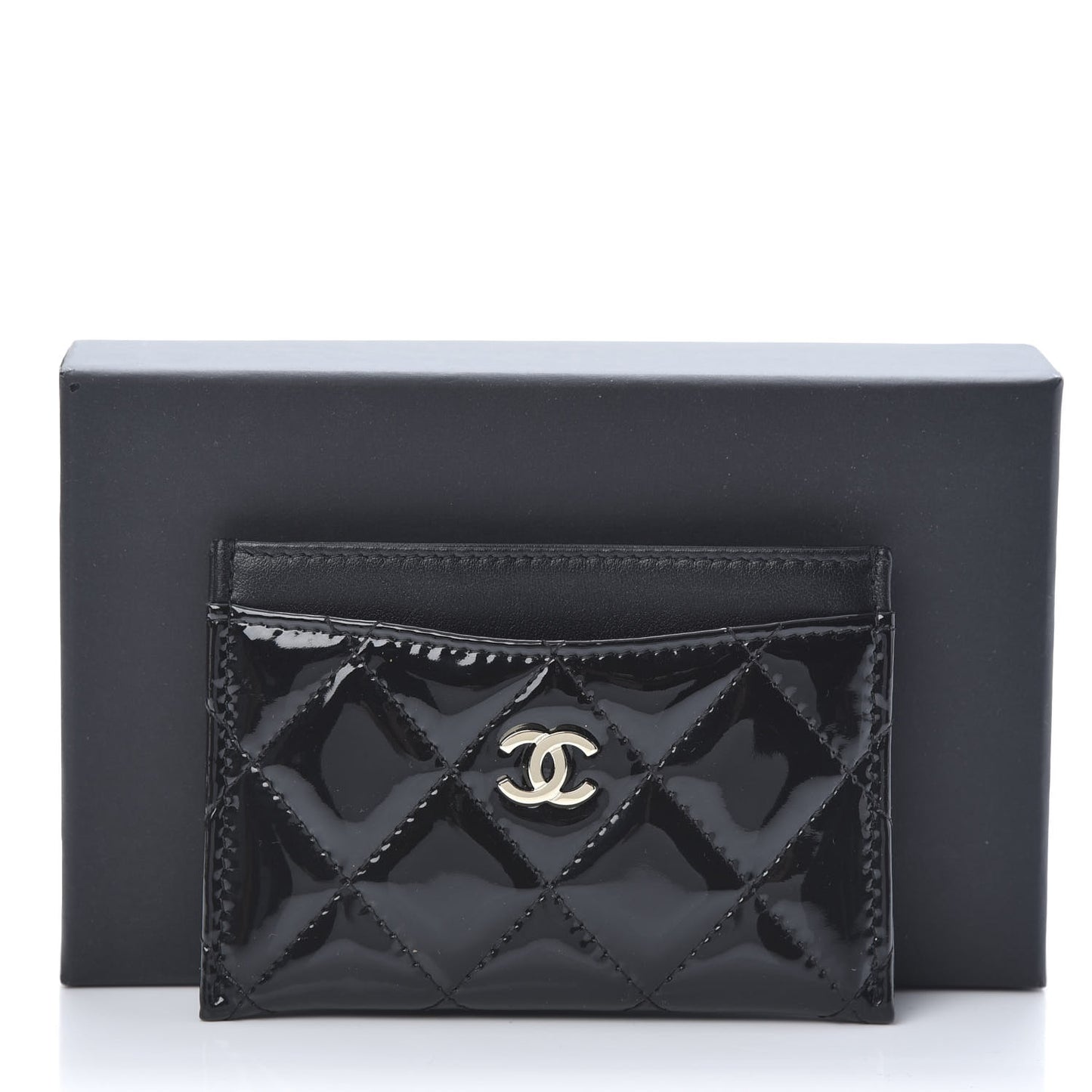 Patent Calfskin Quilted Card Holder Black