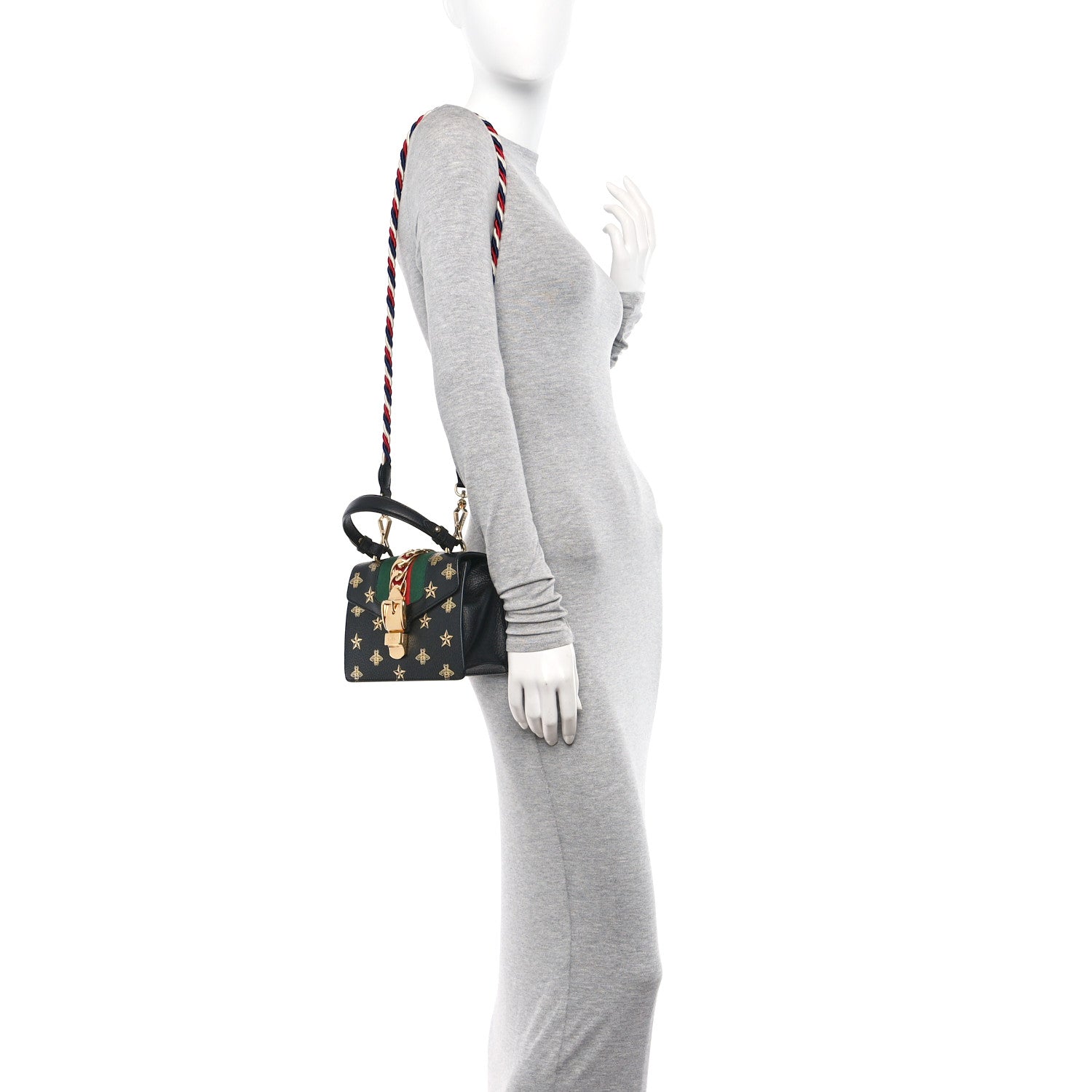 Gucci Textured Calfskin Bee Star Print Mini Sylvie Top Handle Bag Black 2 of 12
