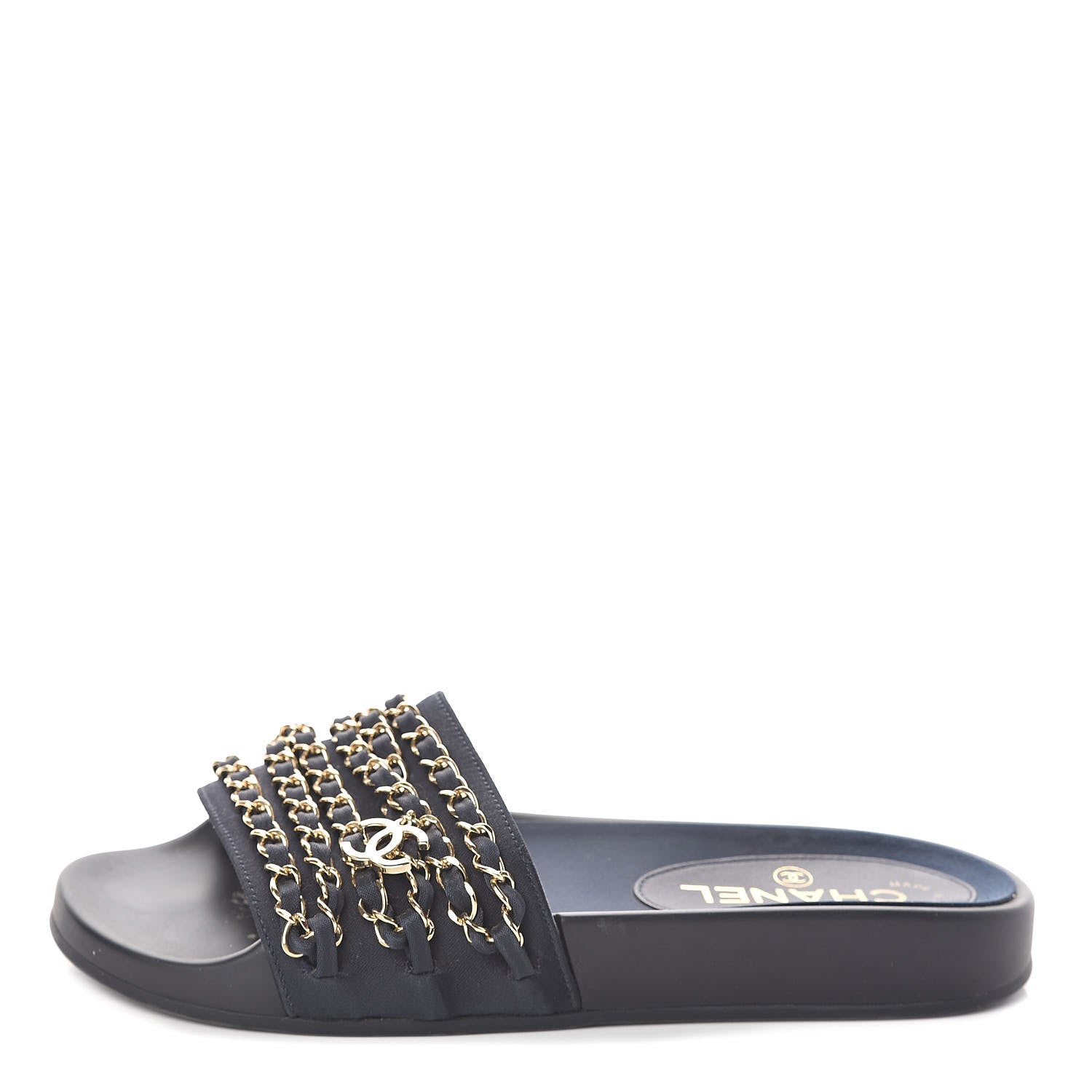 Chanel Satin Canvas Chain Flat Sandals 36 Marine 1 of 7