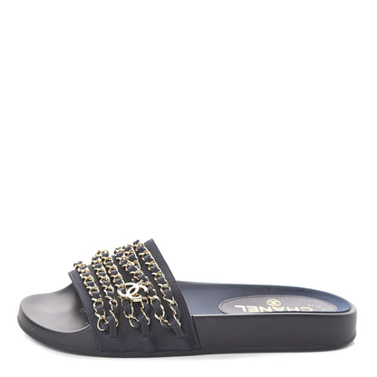 Chanel Satin Canvas Chain Flat Sandals 36 Marine 1 of 7