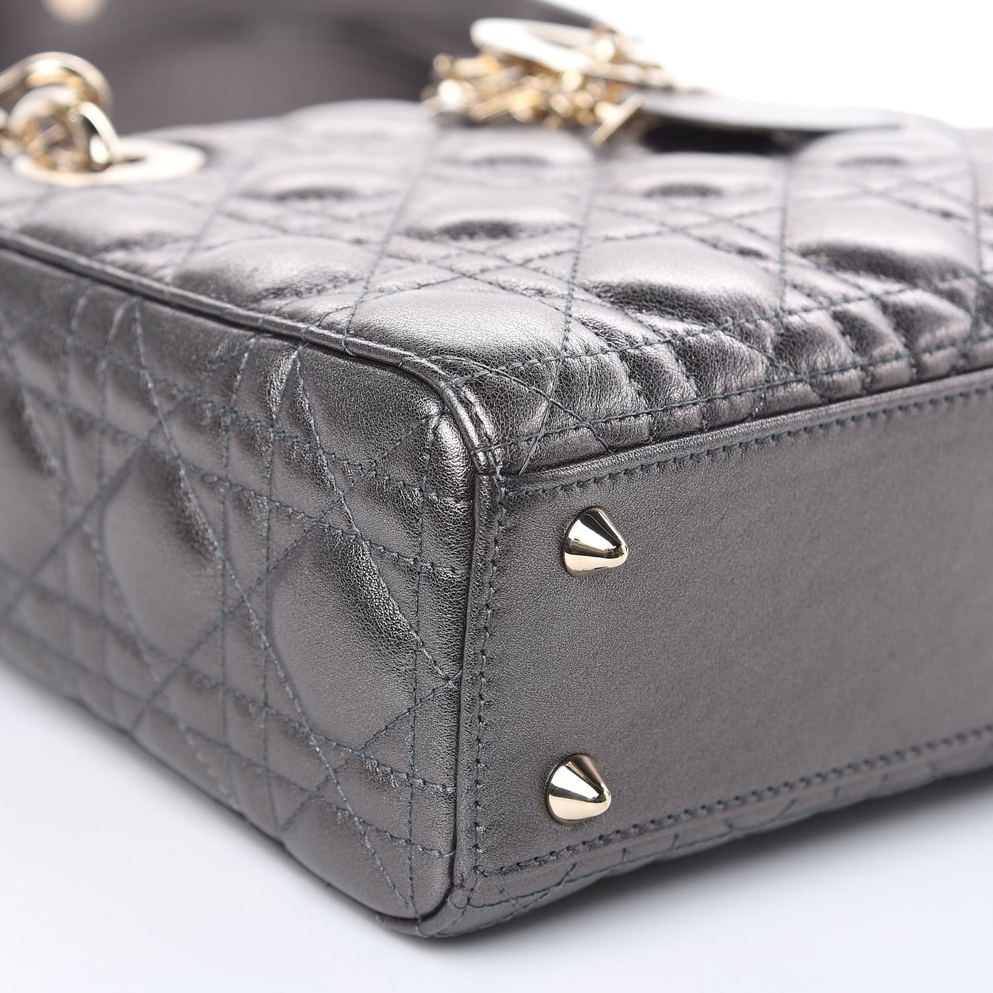 Metallic Grained Calfskin Cannage Small Lady Dior Gunmetal
