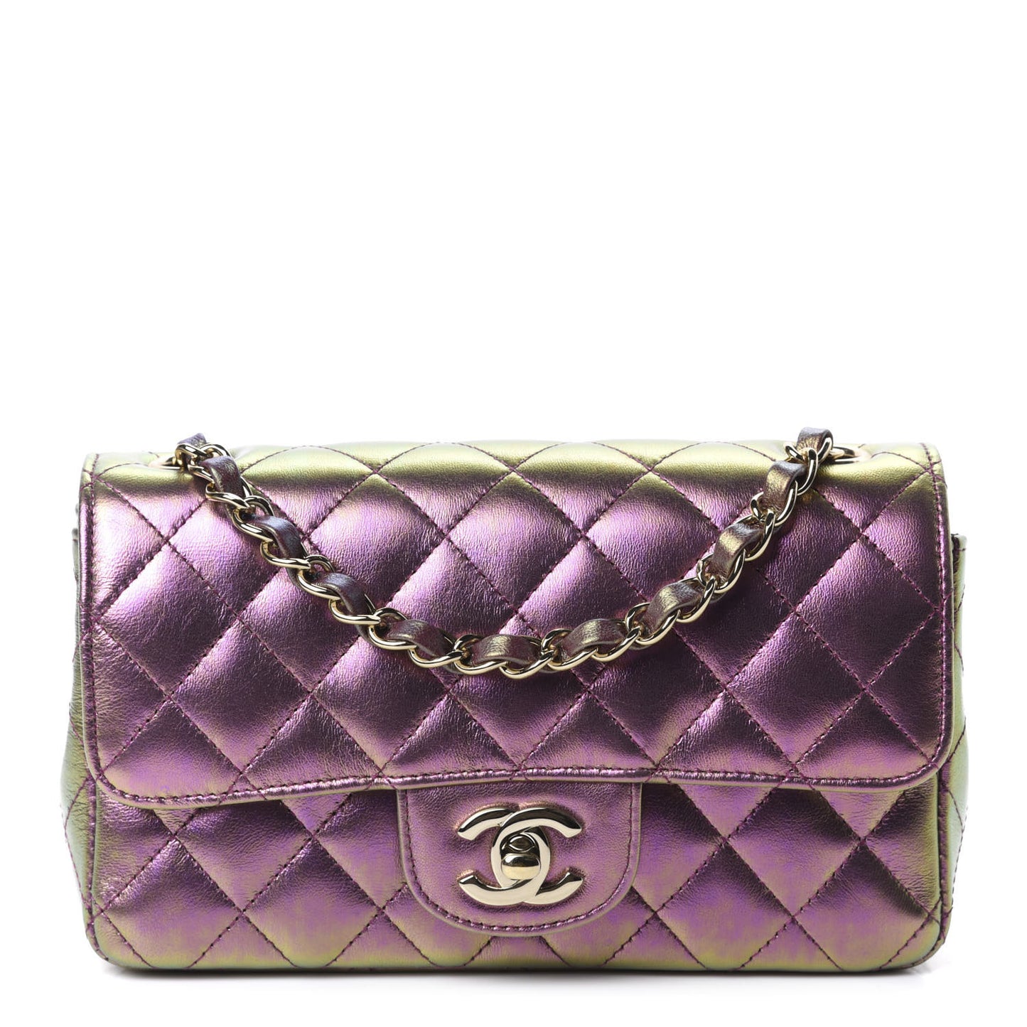Iridescent Lambskin Quilted Mini Rectangular Flap Purple