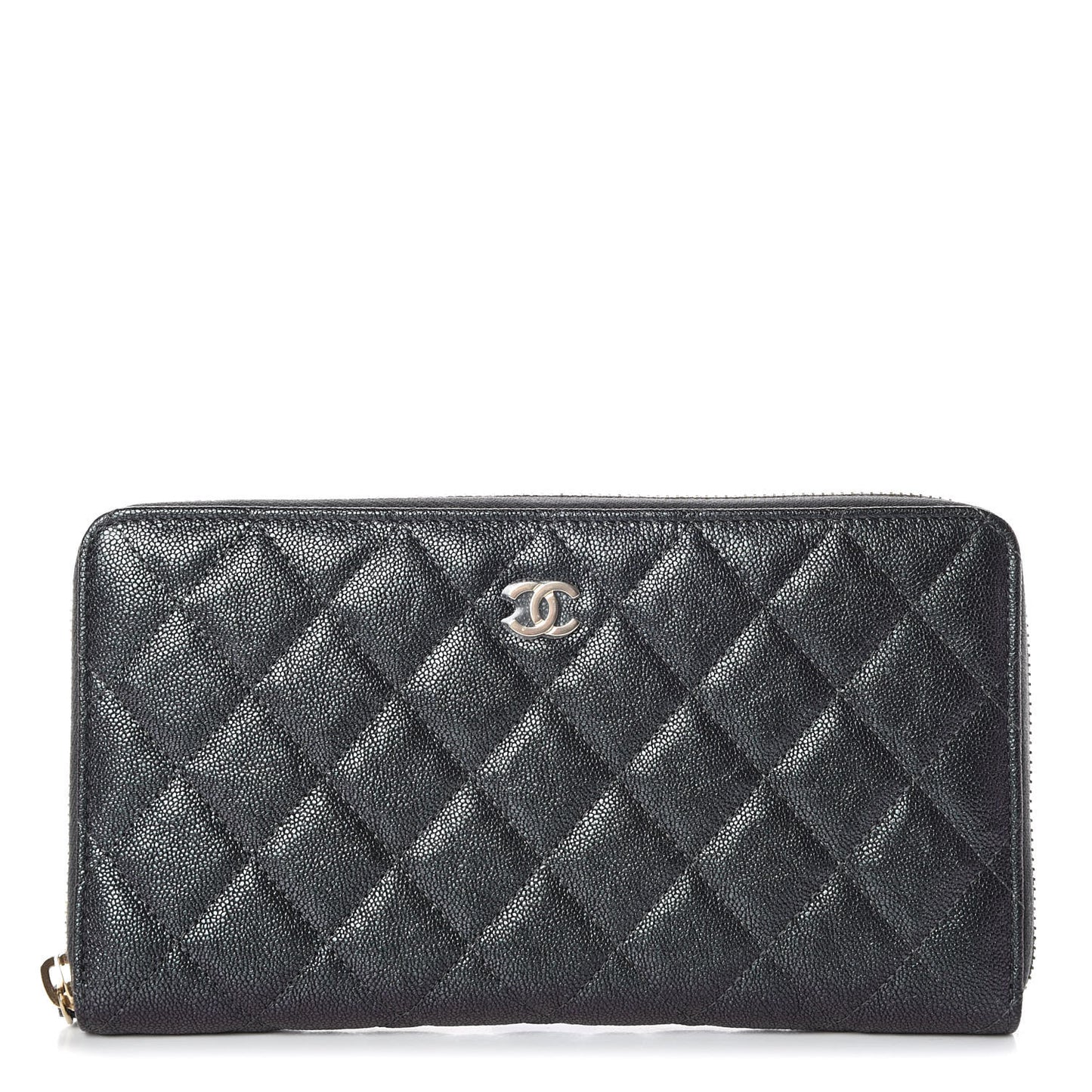 Iridescent Caviar Quilted Large Zip Around Organizer Wallet Black