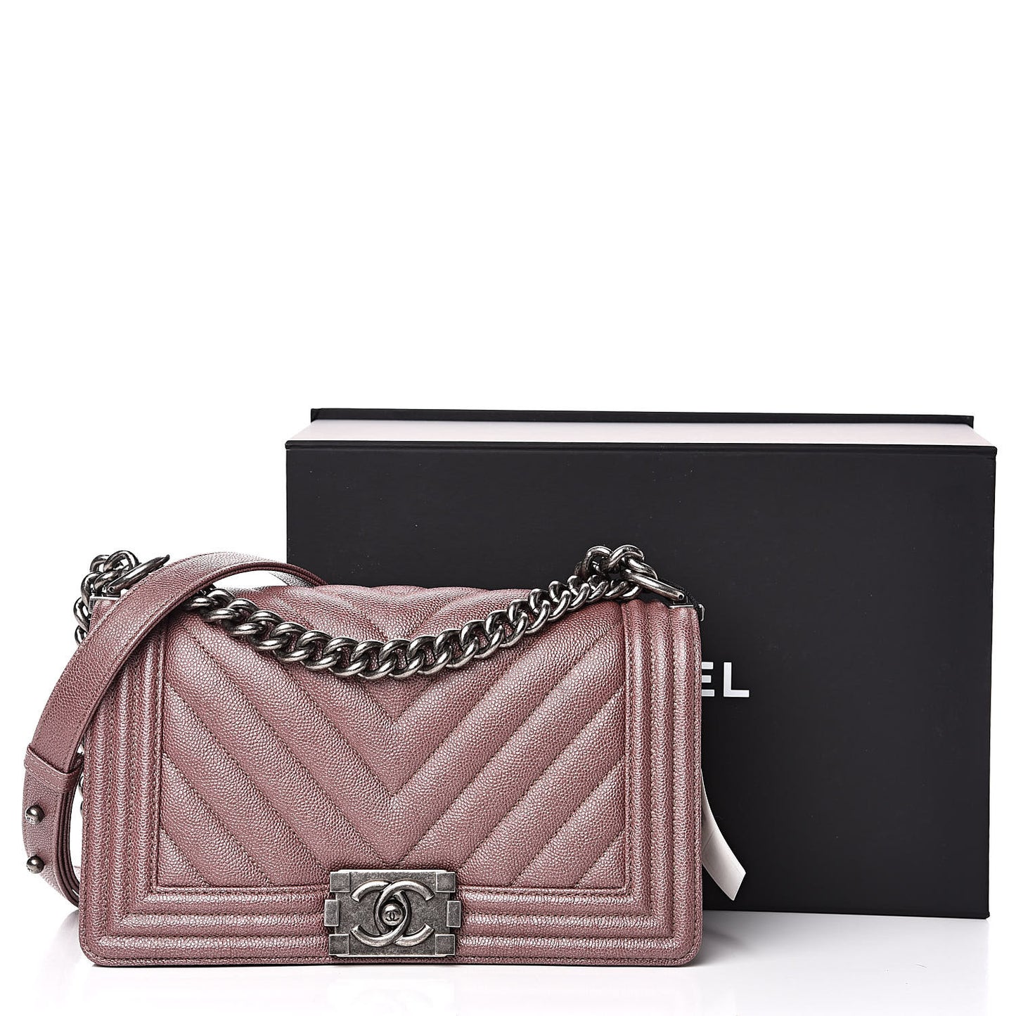 Metallic Caviar Chevron Quilted Medium Boy Flap Dark Pink