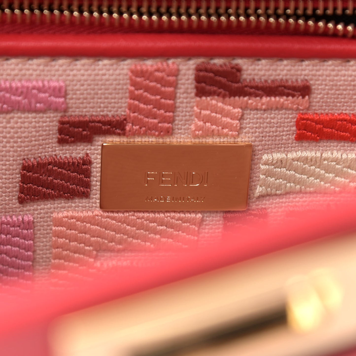 Vitello Seta Canvas FF Embroidered Mini Peekaboo Iconic Satchel Rosso Cardinale Multicolor