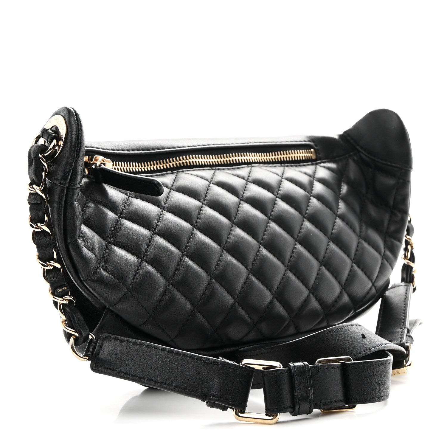 CHANEL ブラック キルティング ボディバッグ Chanel Lambskin Quilted Waist Bag Fanny Pack Black 1822206