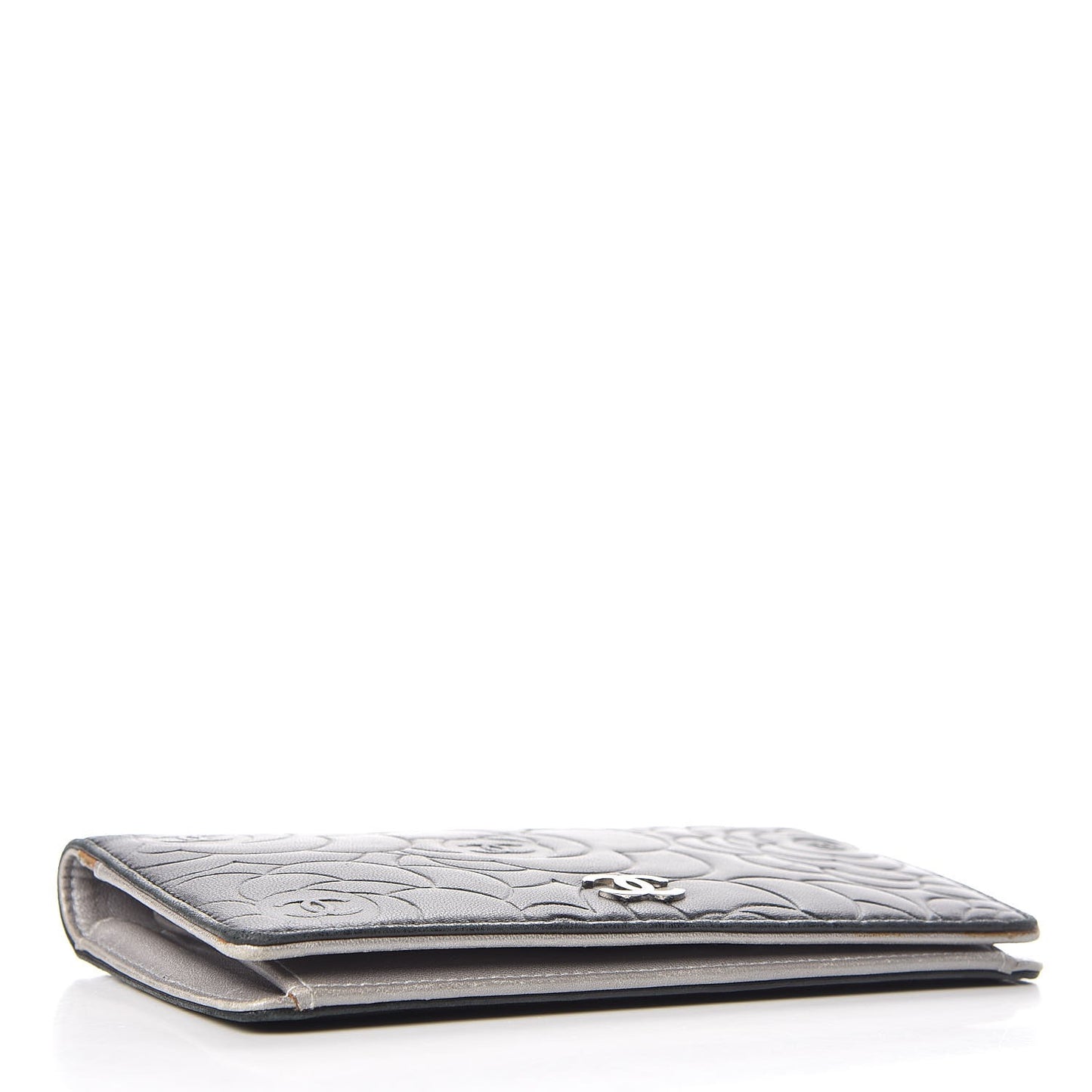 Lambskin Camellia Embossed Yen Wallet Black