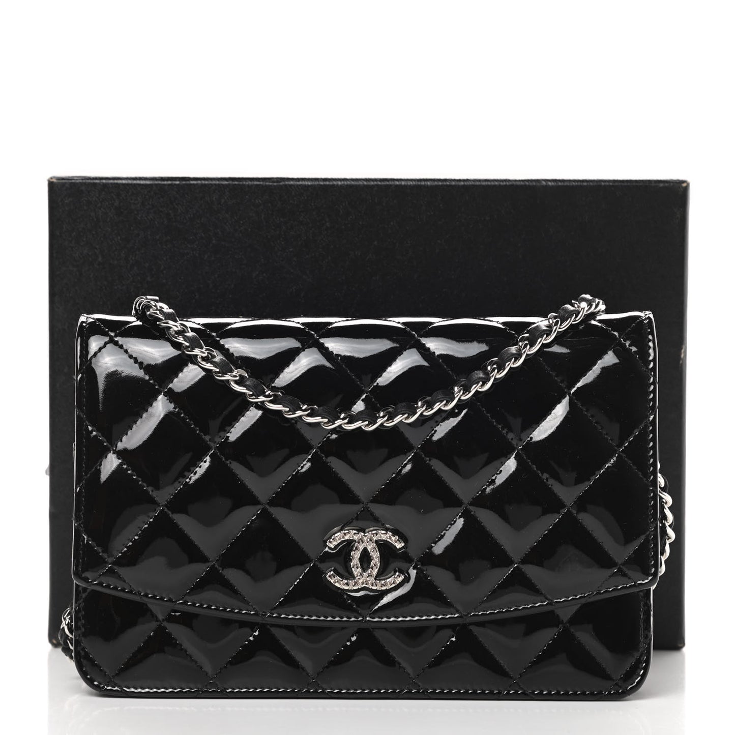 Patent Quilted Brilliant Wallet On Chain WOC Black