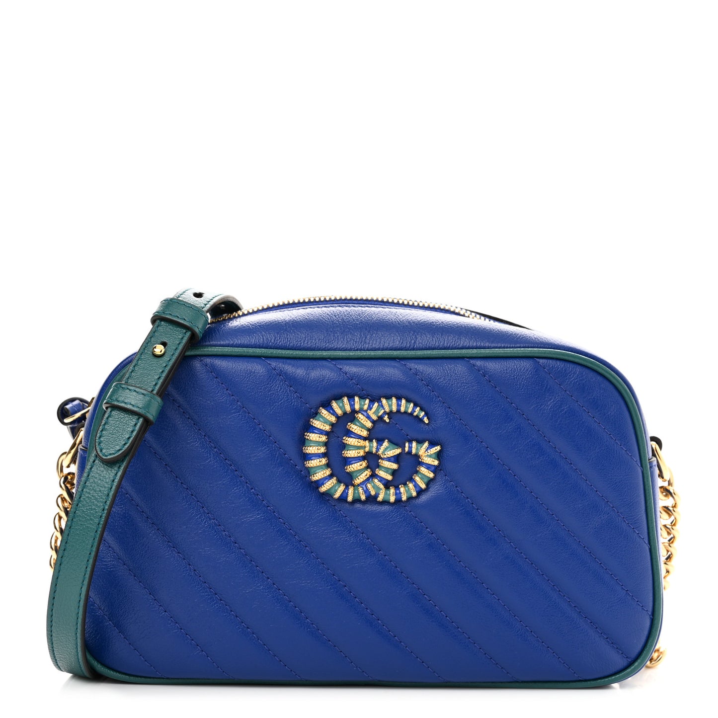 Azalea Calfskin Enamel Matelasse Diagonal Small Torchon GG Marmont Chain Shoulder Bag Imperial Blue Pavone