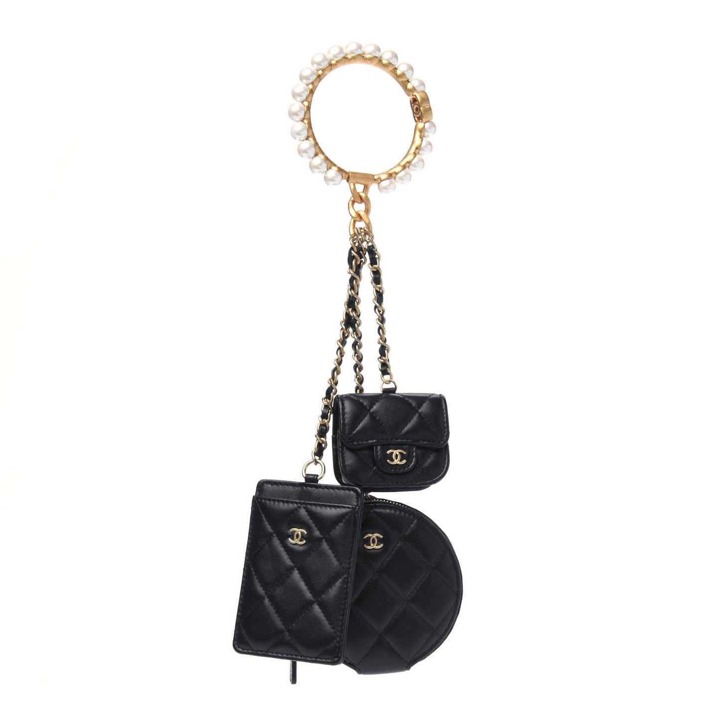 Pearl Lambskin Pearl Crown CC Wristlet Multi Pouches Black