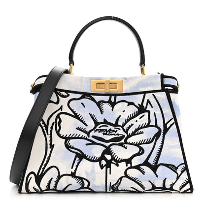 Fendi X JOSHUA VIDES Canvas Calfskin Flower Clouds Embroidered Medium Peekaboo Iconic Satchel California Sky 1 of 12