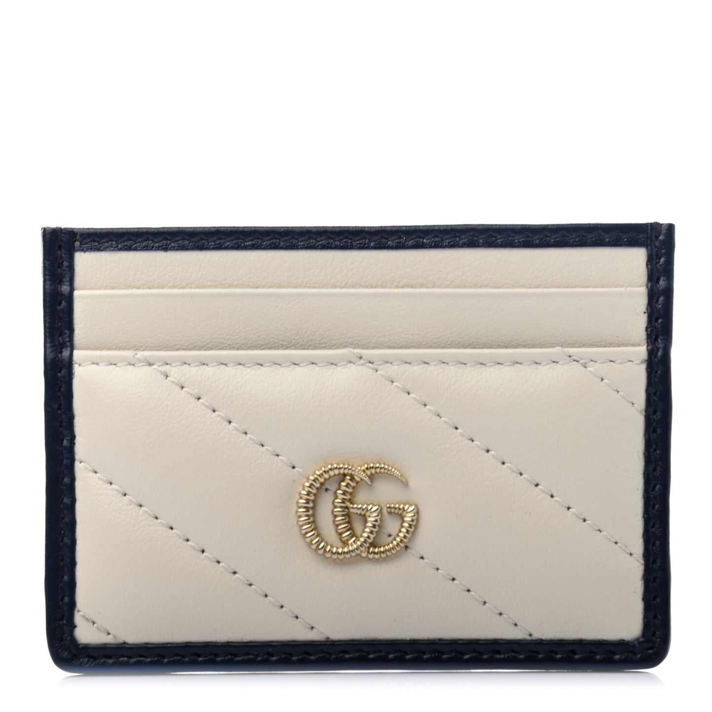 Vintage Effect Calfskin Matelasse Diagonal Torchon GG Marmont Card Holder White Blue Agata