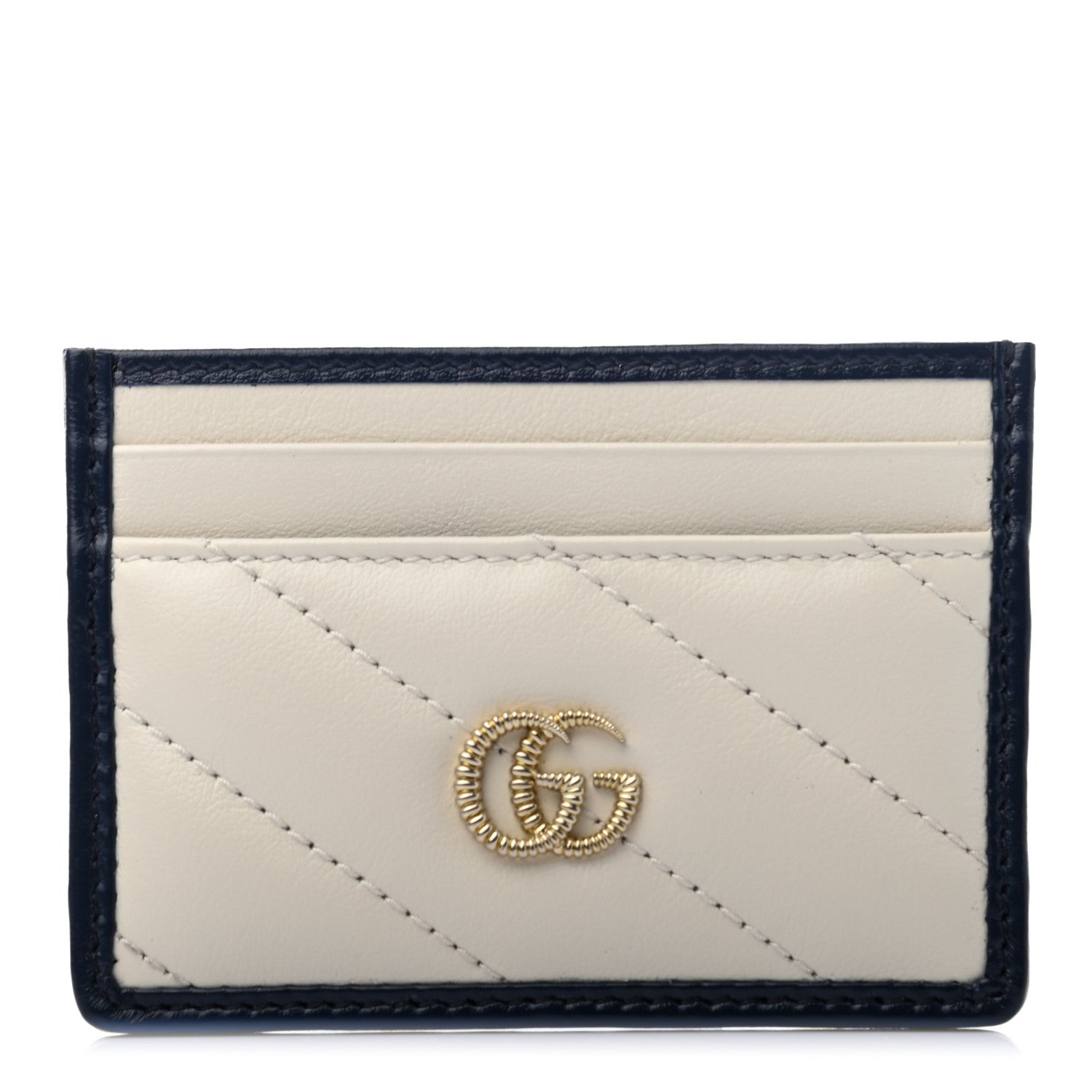 Gucci Vintage Effect Calfskin Matelasse Diagonal Torchon GG Marmont Card Holder White Blue Agata 1 of 6