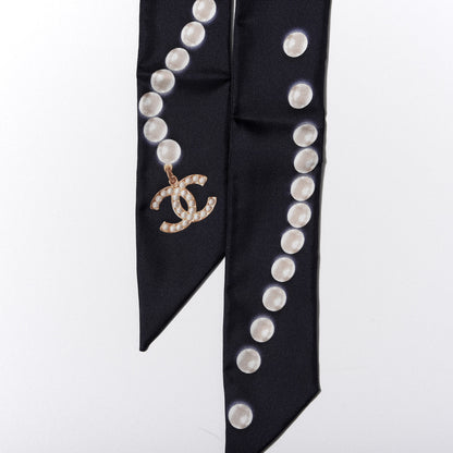 Chanel Silk Pearl CC Slim Bandeau Scarf Navy 3 of 3
