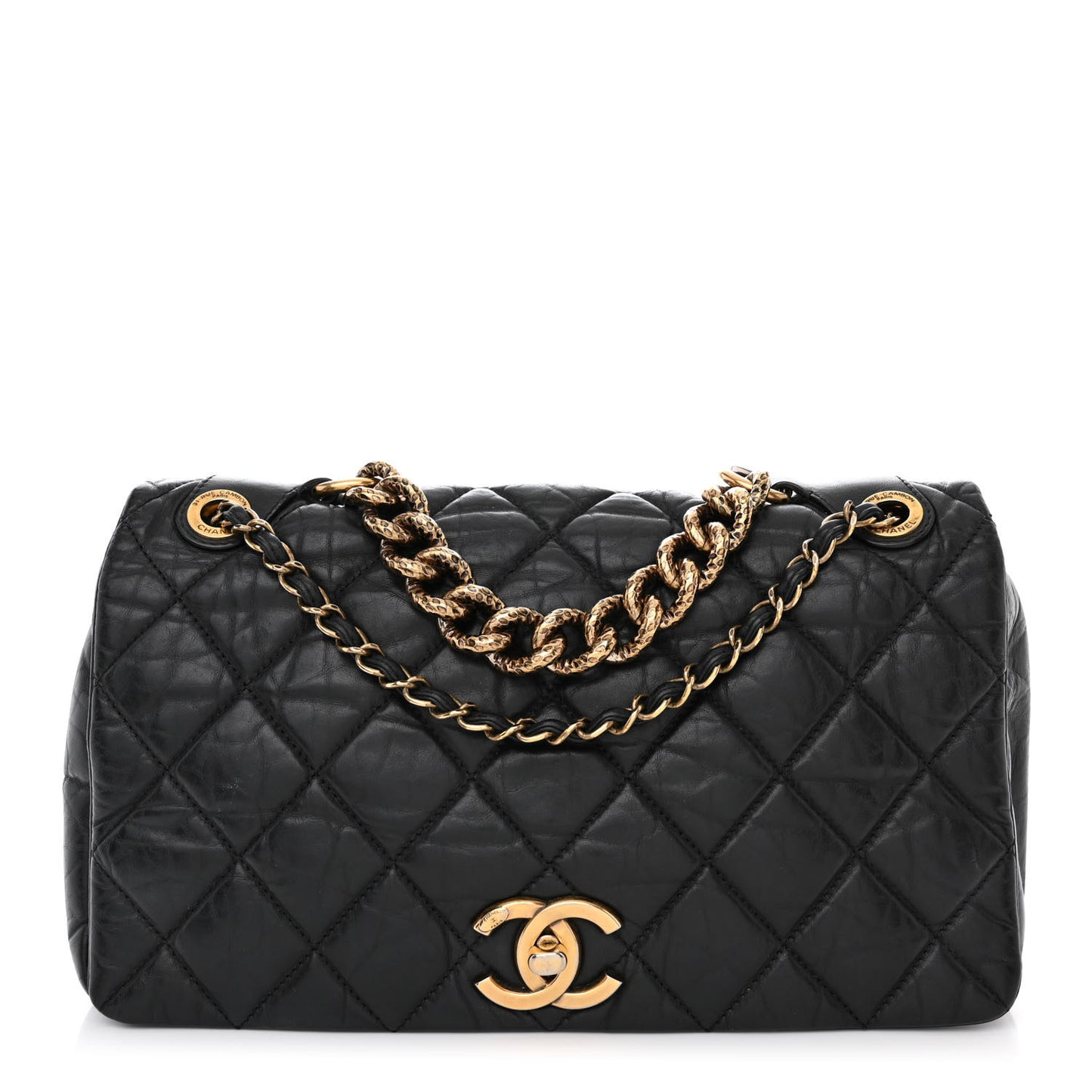 Aged Calfskin Quilted Medium Pondichery Flap Black