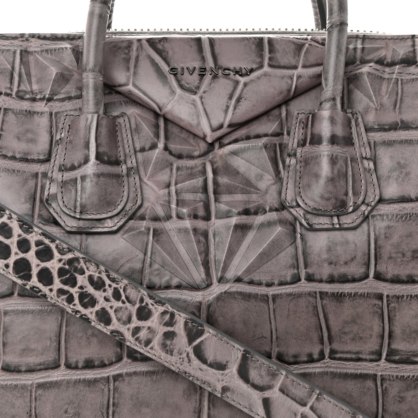Calfskin Crocodile Embossed 3D Stud Medium Antigona Storm Grey
