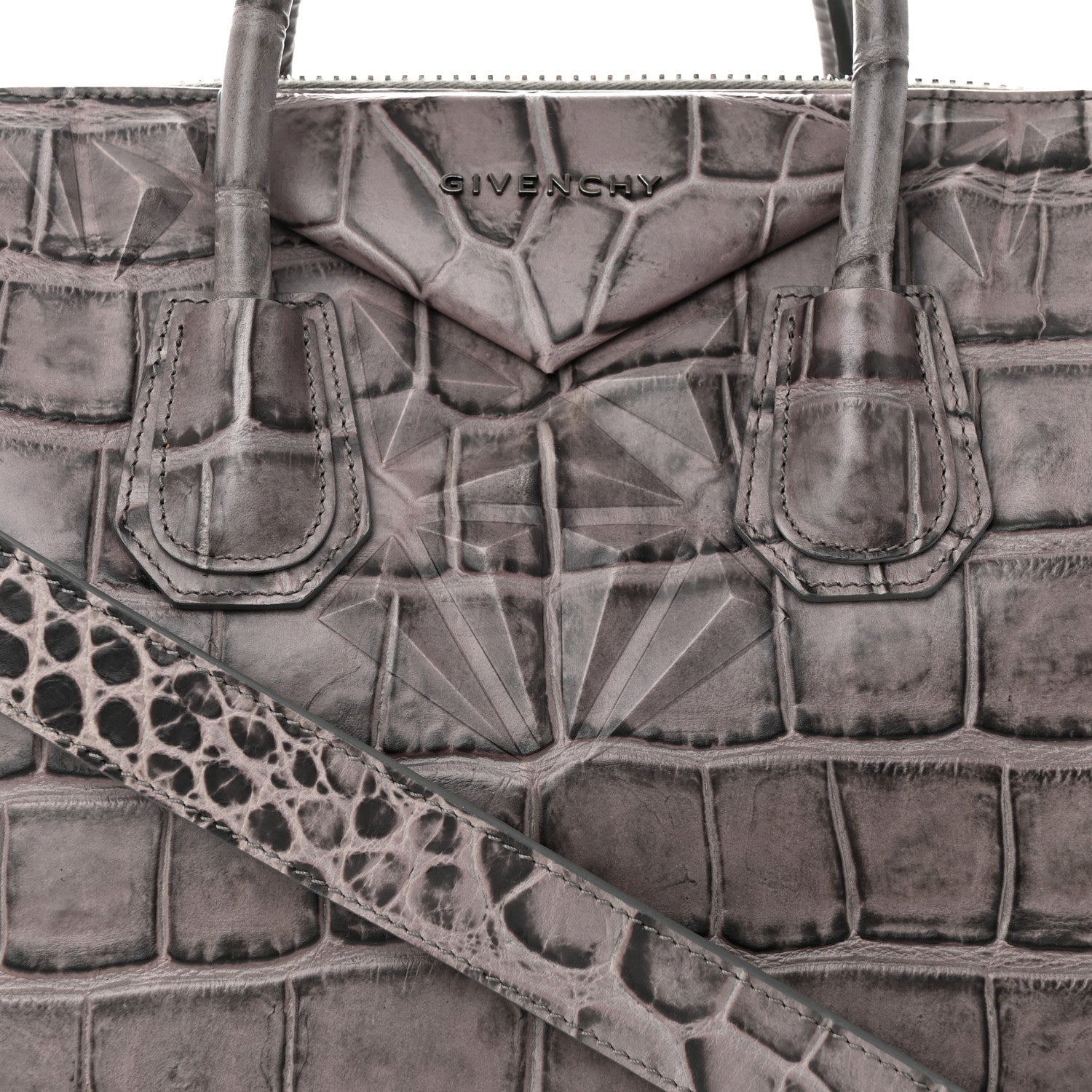 Givenchy Calfskin Crocodile Embossed 3D Stud Medium Antigona Storm Grey 8 of 10