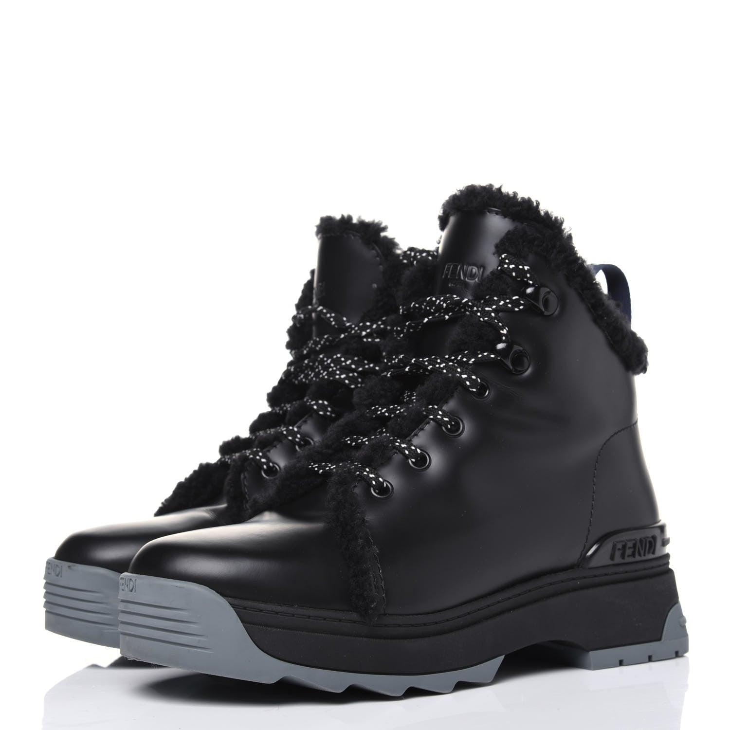 Fendi Vitello Spazzolato Shearling Womens Lace Up Biker Boots 37 Black Navy Blue White 3 of 11