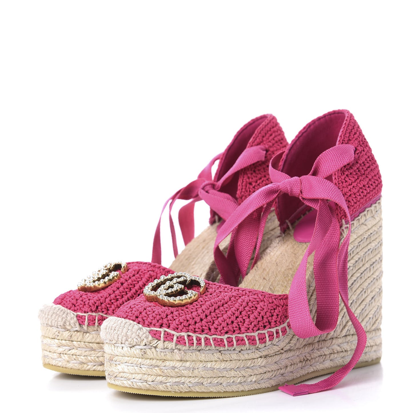 Cotton Crochet Pearly GG Ankle Wrap Platform Espadrille Wedges 36 Cyclamen Rose