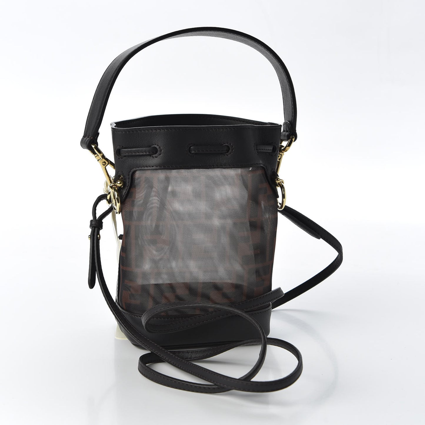 Mesh Vitello Grace F is FF 1974 Mini Mon Tresor Bucket Bag Marrone Black Ebano